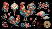 Colorful Chinese New Year rooster clipart set with lantern, cherry blossom, coin, and clouds, isolated on transparent background, ready for T-shirts and print on demand.