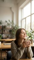Young Caucasian woman in cozy sweater enjoying hot coffee with eyes closed, sitting at cafe table near window with green plants.
