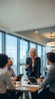 Confident mature businesswoman leading team meeting in modern office conference room with city view windows for corporate presentations.