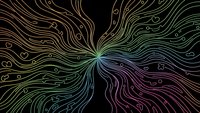 Abstract flowing lines radiating from center with gradient colors on black background. Digital art pattern with organic curves and circular elements.