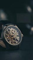 Luxury skeleton watch with exposed mechanical movement and gold accents on dark leather strap against moody black background for premium timepiece advertising.