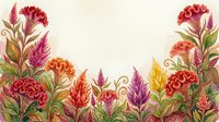 Watercolor floral border with vibrant celosia and carnation blooms in red, orange, purple on a light background with copy space.