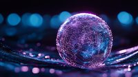 Glowing sphere with network connections on dark background with blue bokeh lights and water drops, futuristic technology concept for digital transformation.