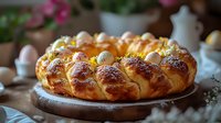 Sweet braided Easter bread decorated with colorful eggs and sugar pearls on wooden board, traditional holiday baking with golden brown crust and soft texture.