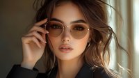 Young Asian woman with brown hair wearing round glasses and natural makeup poses thoughtfully in soft window light, creating atmospheric professional portrait.