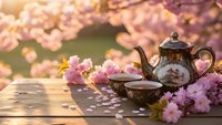 Traditional ceramic teapot and cup set on wooden table surrounded by pink cherry blossoms creating peaceful spring tea ceremony atmosphere for relaxation concepts.