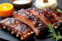 Grilled pork ribs with barbecue sauce and spices on black plate, served with orange and dipping sauces, close up view of juicy glazed meat.