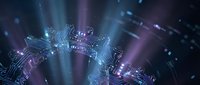 Futuristic digital circuit board with glowing neon lights and electronic pathways in blue and purple colors for technology and innovation concepts.