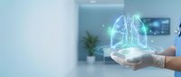 Digital holographic lungs floating above open palms in modern medical office environment showcasing respiratory health technology and futuristic healthcare innovation.