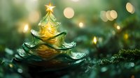 Glowing green glass Christmas tree ornament with golden star on top against blurred bokeh lights and evergreen branches creating magical holiday atmosphere.