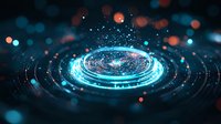 Glowing blue circular portal with light particles and bokeh effects on dark background creates futuristic sci-fi atmosphere for technology concepts and presentations.