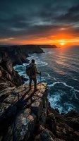 Hiker with backpack standing on rocky cliff overlooking ocean at sunset, watching golden sun descend over water with dramatic sky and crashing waves below.