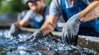 Professional workers in blue uniforms and protective gloves cleaning rain gutter system, removing debris and leaves, maintenance service in action.