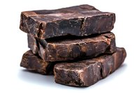 Stack of broken dark chocolate pieces showing rich texture and layers, photographed on white background with soft shadows. Suitable for culinary and confectionery designs.
