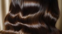 Luxurious dark brown wavy hair with glossy shine against beige background, showcasing healthy, styled locks for beauty and haircare advertising.