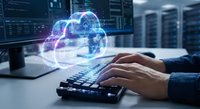 Businessman hands typing on keyboard with holographic cloud computing network floating above in modern data center server room for digital transformation.