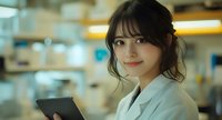 Young Asian female scientist in white lab coat holding digital tablet while working in modern research laboratory, smiling confidently at camera.