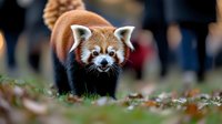 Curious red panda exploring autumn forest floor with fallen leaves, showing characteristic facial markings and reddish-brown fur against natural blurred background.