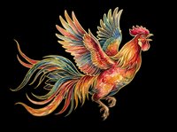 Colorful rooster with spread wings, watercolor style, isolated on transparent background. Great for t-shirt design, stickers, clipart, sublimation, and print on demand.