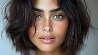 Close up portrait of young mixed race woman with freckles, dark wavy hair and natural makeup against light background. Fresh glowing skin and confident gaze.