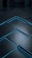 Stacked dark metallic tiles with glowing neon blue edges creating a modern, layered geometric pattern. Suitable for tech, corporate, and futuristic design projects.