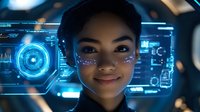Young Asian woman with glowing digital interface overlay and futuristic holographic display elements in blue tech environment, representing artificial intelligence and augmented reality.