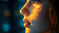 Side profile of woman's face illuminated with glowing golden digital particles against dark background with bokeh lights, showcasing futuristic technology concept.