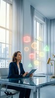 Professional businesswoman using tablet with holographic geometric shapes in modern office environment for digital innovation concepts.