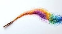 Makeup brush creating colorful powder trail in rainbow spectrum against white background, cosmetic art concept showing dynamic motion and pigment dispersion.