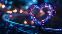 Glowing heart-shaped lights with blue and pink illumination against dark background with bokeh effect creates romantic atmosphere for Valentine's Day or wedding decor.