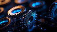 Metal gears and cogs illuminated by dramatic blue light creating industrial machinery background with selective focus and shallow depth of field.