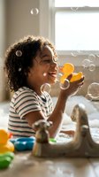 Happy African American child blowing soap bubbles indoors with natural window light creating joyful childhood moment for family lifestyle content.