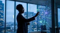 African American businesswoman interacting with futuristic holographic network interface in modern office overlooking city skyline at dusk.