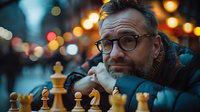 Thoughtful mature man in glasses and winter coat contemplating chess strategy with bokeh city lights creating atmospheric evening mood, perfect for business strategy concepts.