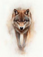 Artistic portrait of a wolf with intense gaze emerging from soft beige background, featuring detailed fur textures and atmospheric effects. For wildlife art and nature designs.