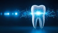 Digital tooth with glowing blue energy particles and network connections on dark background for dental technology and healthcare innovation concepts.