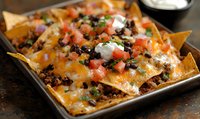 Loaded nachos topped with melted cheddar cheese, seasoned ground beef, black beans, diced tomatoes, sour cream and fresh herbs served on crispy corn tortilla chips.