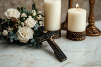 Religious composition with antique bronze crucifix, white burning candles in vintage holders and elegant bouquet of cream roses with eucalyptus on marble surface.