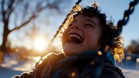 Joyful young child laughing outdoors in winter at sunset, wearing warm clothing with natural sun flare and bokeh effect creating magical atmosphere.