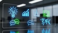 Digital business icons floating on transparent screen in modern office environment showing innovation growth communication and global connectivity concepts.
