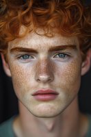 Close-up portrait of young male with intense blue eyes, ginger curly hair, and distinctive freckles against dark background, expressing confidence and natural beauty.