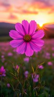 Vibrant pink cosmos flower in full bloom against dramatic sunset sky, with soft-focused flower field background creating dreamy summer atmosphere.