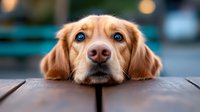 Adorable golden retriever dog resting head on wooden table with soulful blue eyes and expressive face, bokeh background creates dreamy atmosphere for pet photography.