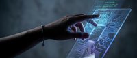 Human hand touching futuristic holographic interface with glowing blue circuit board patterns and digital technology elements for modern tech concepts.