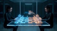 Two professional men in dark suits playing futuristic holographic chess with glowing blue and orange pieces in modern high-tech room with digital interface.