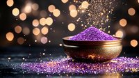 Purple glitter powder in bronze bowl against dark background with golden bokeh lights and sparkles, magical festive composition for decoration.