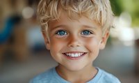 Close-up portrait of a smiling young Caucasian boy with blonde curly hair and bright blue eyes wearing a light blue shirt against a blurred background.