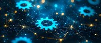 Digital blue gear icons connected by network lines against dark cosmic background with glowing particles, representing automation and technological integration.