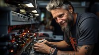 Bearded mature craftsman with tattoos working on electronic equipment in workshop, focused on detailed repair task in dark atmospheric setting.
