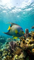 Yellow and blue angelfish swimming near coral reef with sunlight filtering through turquoise ocean water. Underwater marine life scene suitable for travel, nature, and environmental content.